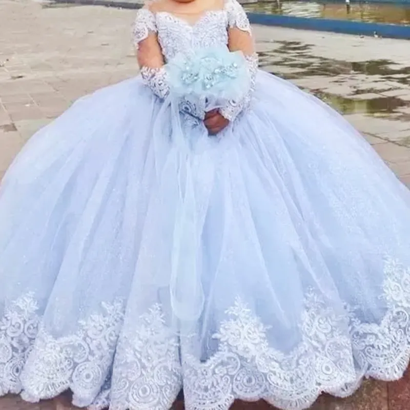 Abito da principessa gonfio azzurro Flower Girl maniche lunghe da sposa in pizzo Appliqued bambino prima comunione battesimo abito da ballo