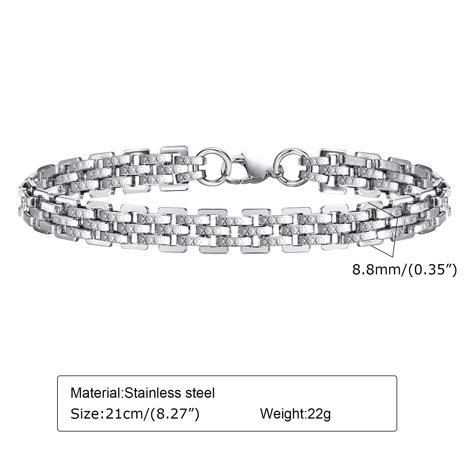 Bracelet de chaîne de boîte multicouche en acier inoxydable pour hommes femmes garçons bracelet de mode 8.8mm 8.26 pouces argent