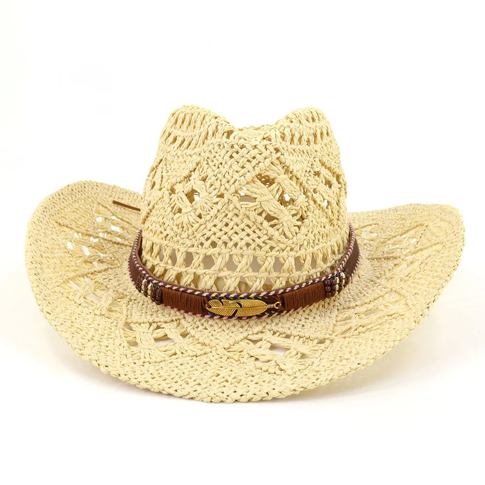 Sommer Western Hohl Stroh Cowboy Cowgirl Hut für Frauen Männer Im Freien Breiter Krempe Sonnenschutz Hut Hand-Woven Sombreros de Mujer