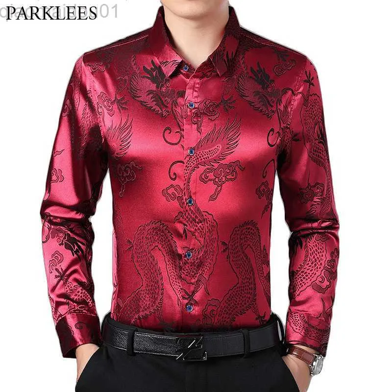 Mannen Casual Shirts Wijnrood Glad Zijde Satijn Shirt Mannen 2019 Chinese Draak Jacquard Heren Slim Fit Lange Mouwen Button Down Overhemden Chemise 4XL L230721