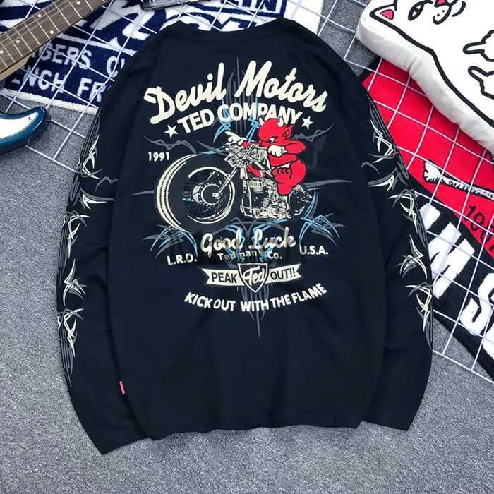 Camisetas de los hombres Camiseta del motorista de la motocicleta del diablo japonés Camiseta casual de los hombres de manga larga de algodón con estampado de letras Camisetas de moda de Hip Hop Camisetas J230721