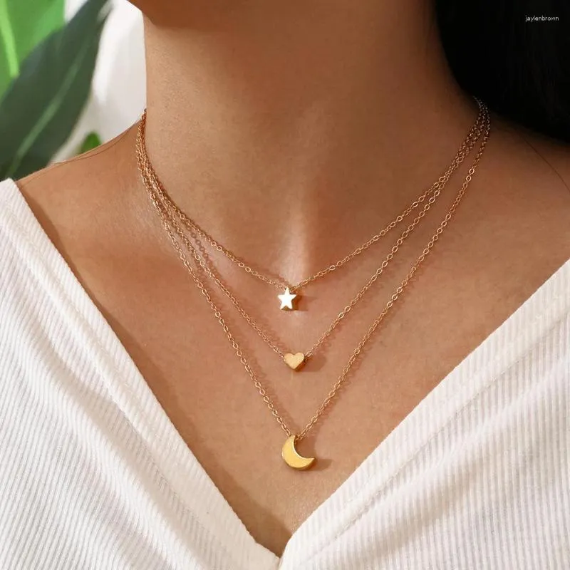 Anhänger Halsketten Bohemian Einfache Stern Mond Liebe Mehrschichtige Schlüsselbein Kette Halskette Für Frauen Sommer Strand Surfen Schmuck Zubehör