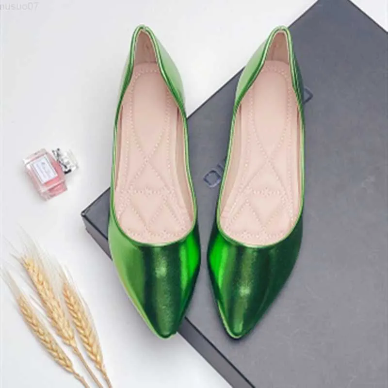 Klänningskor Lady Pearlescent Material Flats Pointy Toe Spogy Intersole For Tender Foot Wide Montering 33-48 Green Champagne Balerinas Rojas Mujer L230721