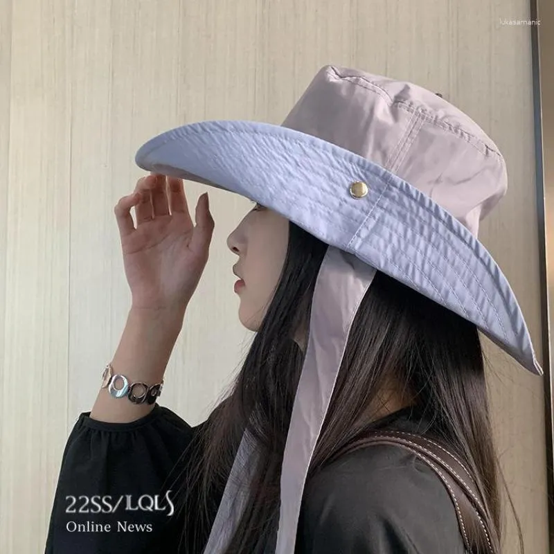 Chapeaux à large bord Designer Tie Rope Bucket Hat WomenSummer Spring Big Eave Fisherman Cap Pliable UV Coton Lin Beach Strap Sun Bob Gorras