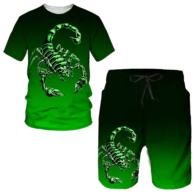 Erkek Trailsits Yeşil Scorpion T Shirt 3D Baskı Trailsuitpants Zehirli Grafik Top Sokak Menwomen Hip Hop Yaz Erkek Takım 230720