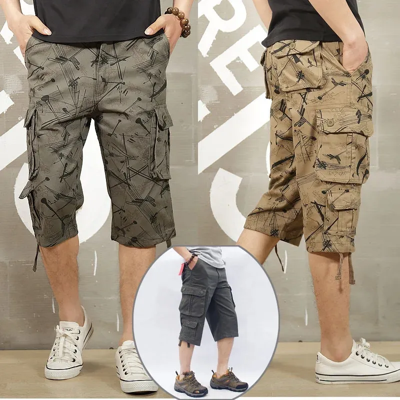 Kamouflage lång längd last shorts män sommar casual bomull heta byxor multi ficka militär capri byxor taktisk kort