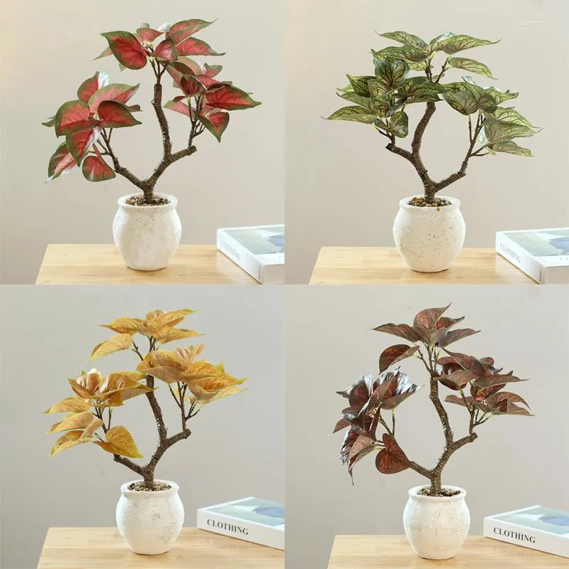 Dekorative Blumen, künstliche Bananenblätter, Bonsai, 3 Zweige, 46 cm, gefälschte Grünpflanzen, eingetopft, für Zuhause, Büro, Raumdekoration