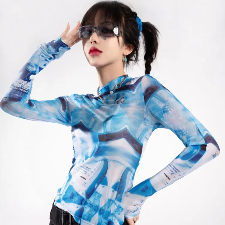 Dames T-shirt Cyberpunk Ice Silk Sun Protection Mesh T-shirt voor dames Zomer Blauw Tie Dye T-shirt Y2k E-Girl Tops met lange mouwen 230721