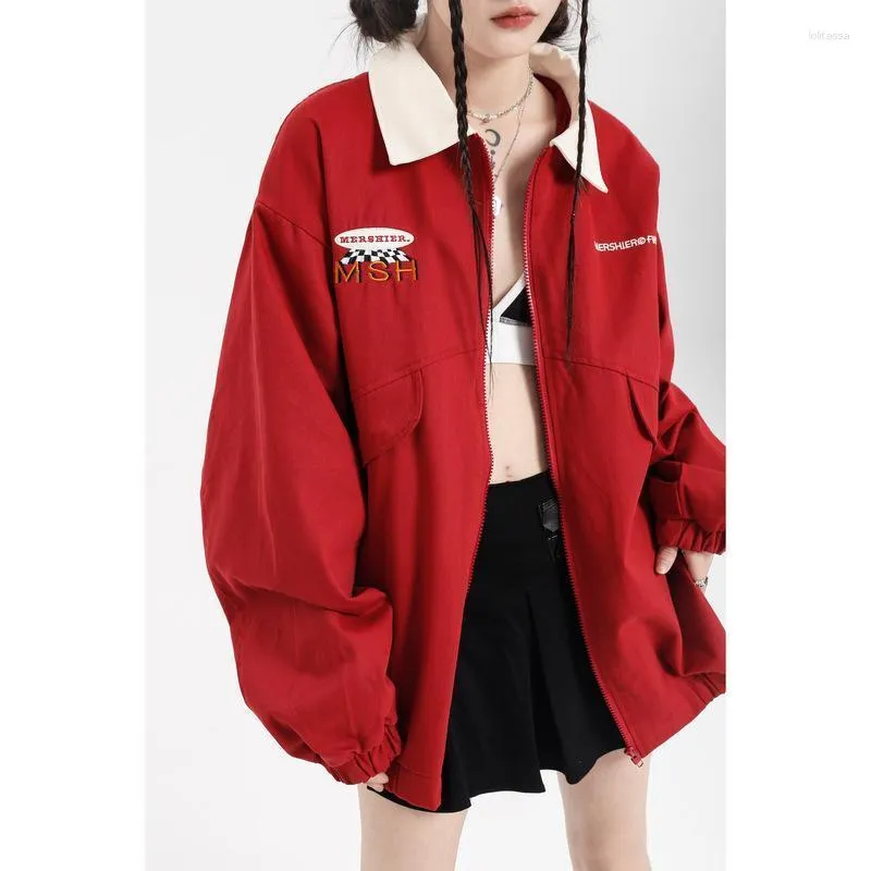 Jaquetas femininas estilo campus jaqueta de beisebol para mulheres 2023 primavera outono vintage vermelho casual solto ajuste casal tendência