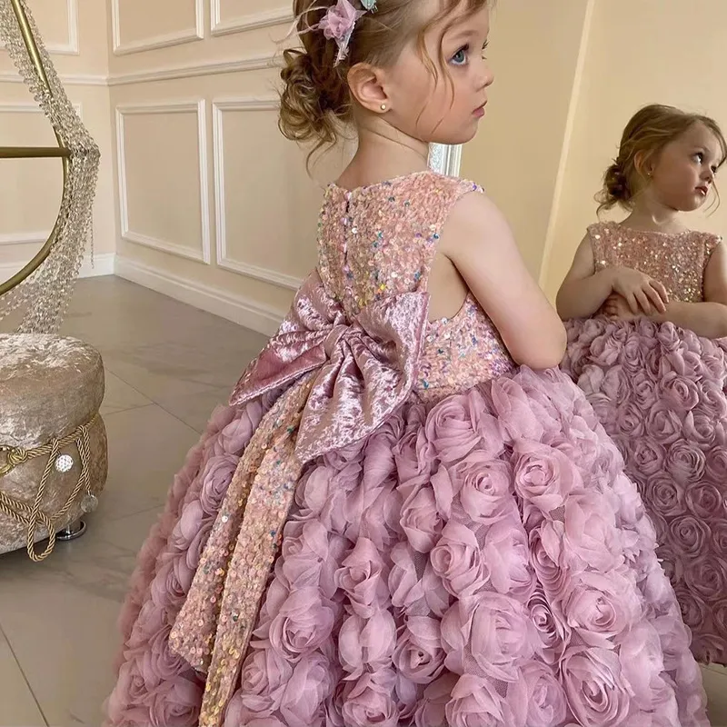 2023 nouveauté filles rose doux princesse robe bébé enfants grand arc fête d'anniversaire vêtements enfant robe de mariée adolescent rétro robe