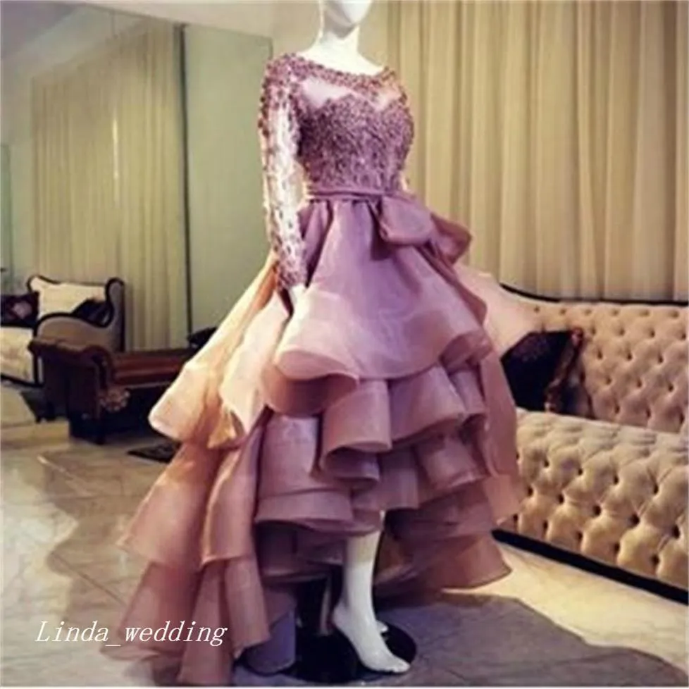 Real Sample Hi Lo Evening Dress High Quality Organza Long Sleeves Prom Party Dress Formal Event Gown2390