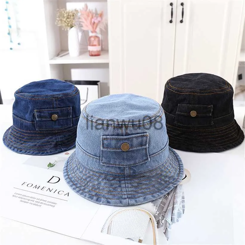 CAPS HATS Baby Boy Girls Washed Denim Bucket Hat Kids Wide Brim Sun UV Protection Fisherman Cap Jean Panama For Children Outdoor Bob Hats X0810