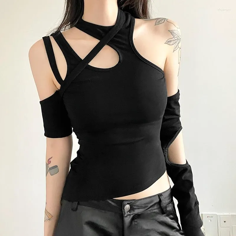 Women's T Shirts Irregular Cut Out Techwear Fashion T-shirts Cyber Y2k Gothic Open Shoulder Sexy Crop Tops Punk Bodycon Women Black Tee