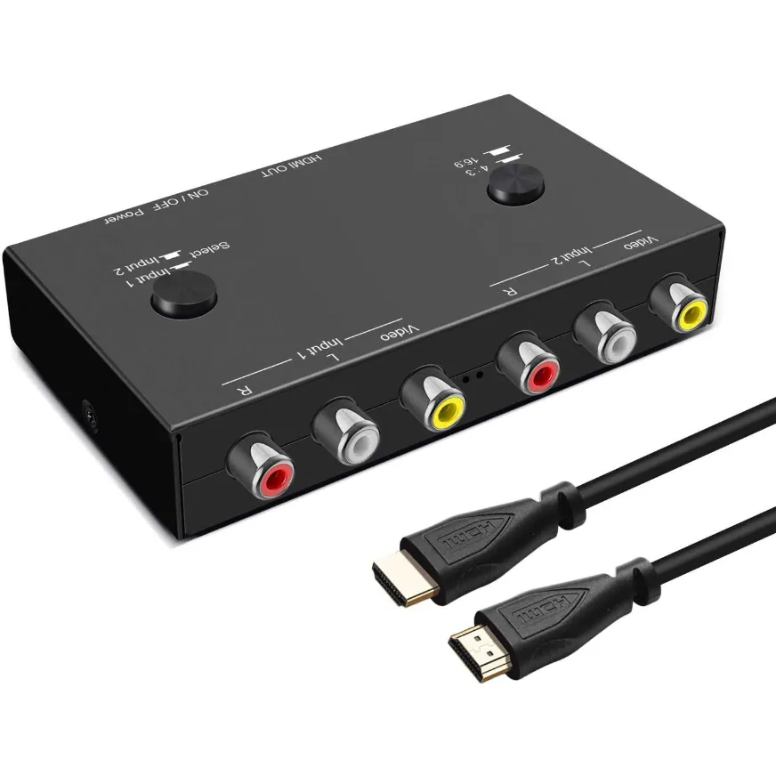 2 puerto AV a HDMI Converter Dual RCA a HDMI Convertidor Adaptador de interruptor CVBS para reproductor de DVD VCR, TV y consola de juegos de proyector