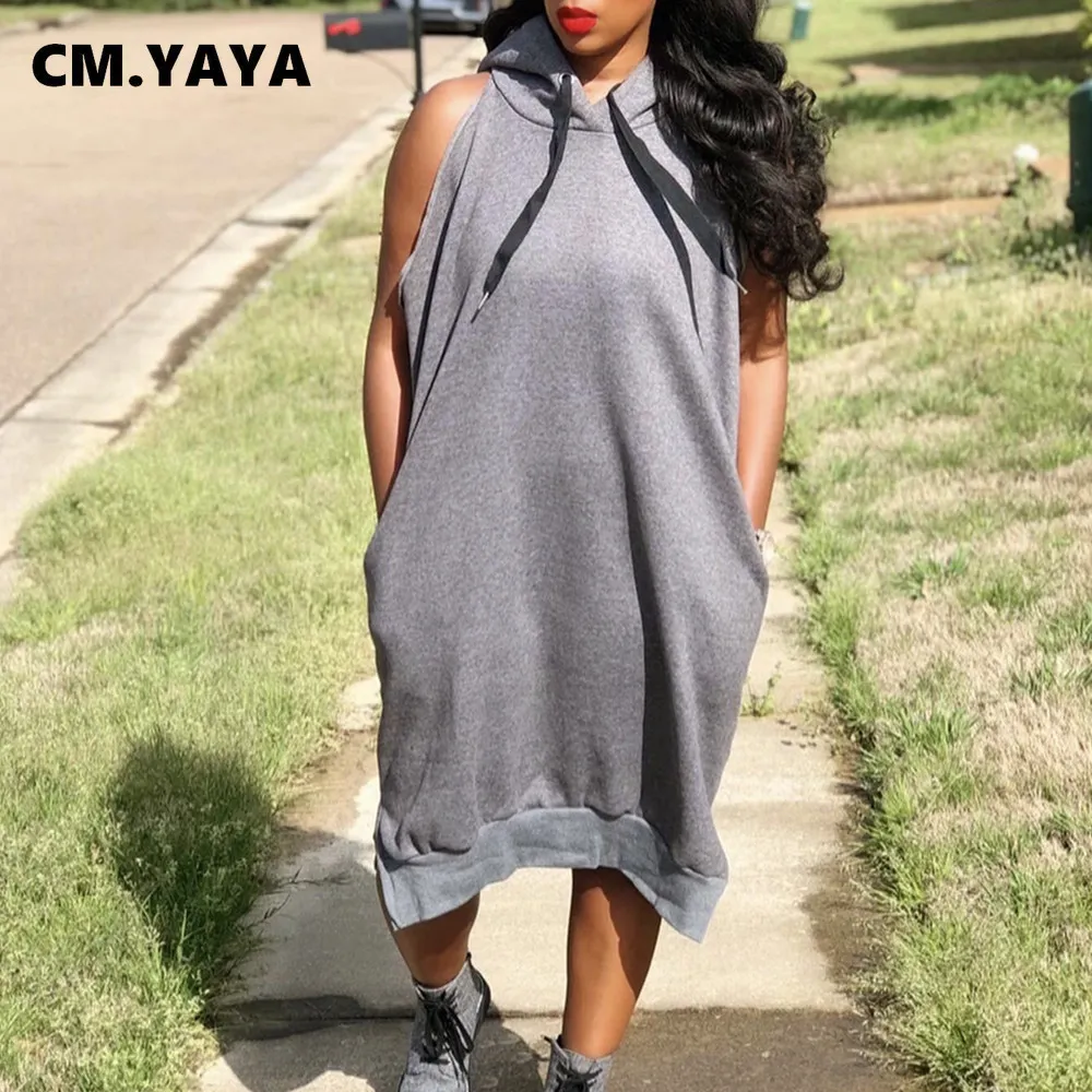 Basic Casual Dresses CM.YAYA Women Dress for Streetwear Slit Sleeveless Hooded Loose Sweatshirt Style Active Grey Dresses 230720