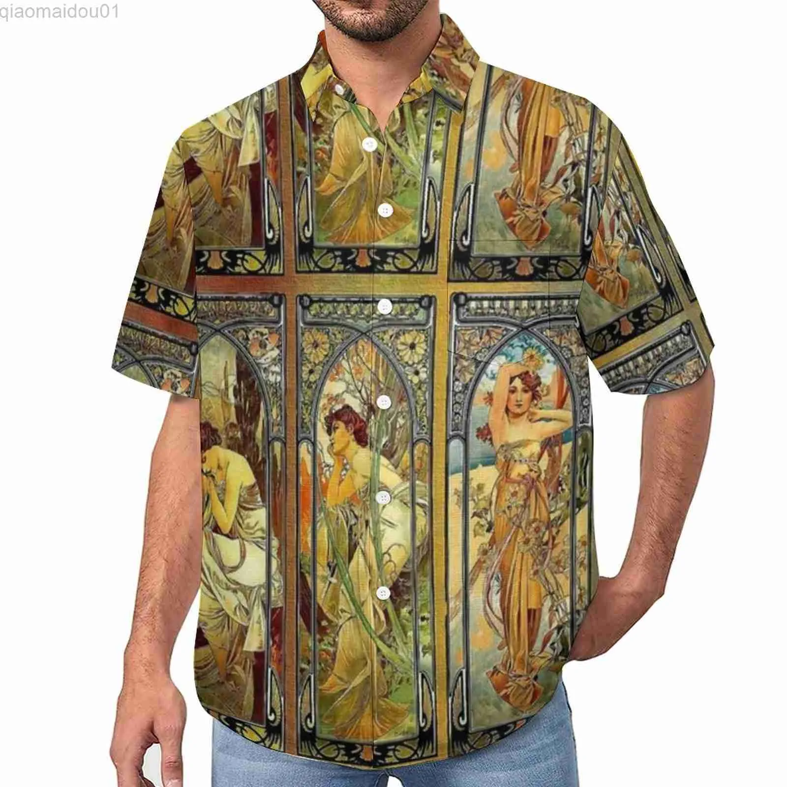 Camisas casuais masculinas Blusas com estampa de tarô Masculino Nouveau Vintage Art Camisas casuais Havaí Manga curta com estampa legal Camisa de férias superdimensionada Presente L230721