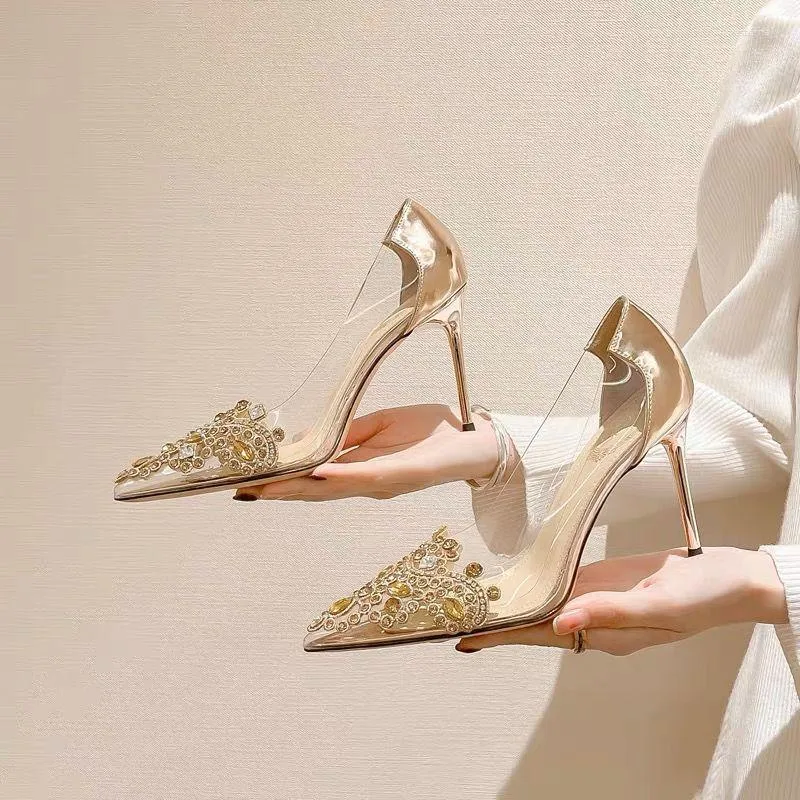 Sapatos sociais 2023 femininos bombas de luxo cristal transparente salto alto feminino pontiagudo champanhe festa casamento