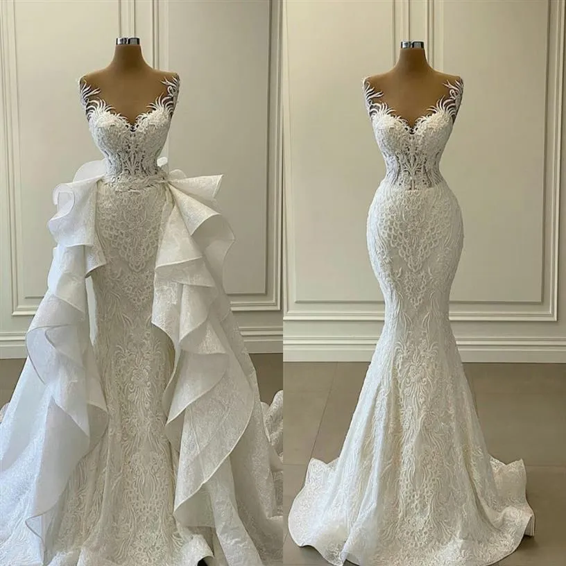 2021 Weiße Meerjungfrau-Hochzeitskleider mit abnehmbarer Schleppe, Rüschen, Spitze, applizierte Brautkleider, Übergröße, Vestidos de novia291t