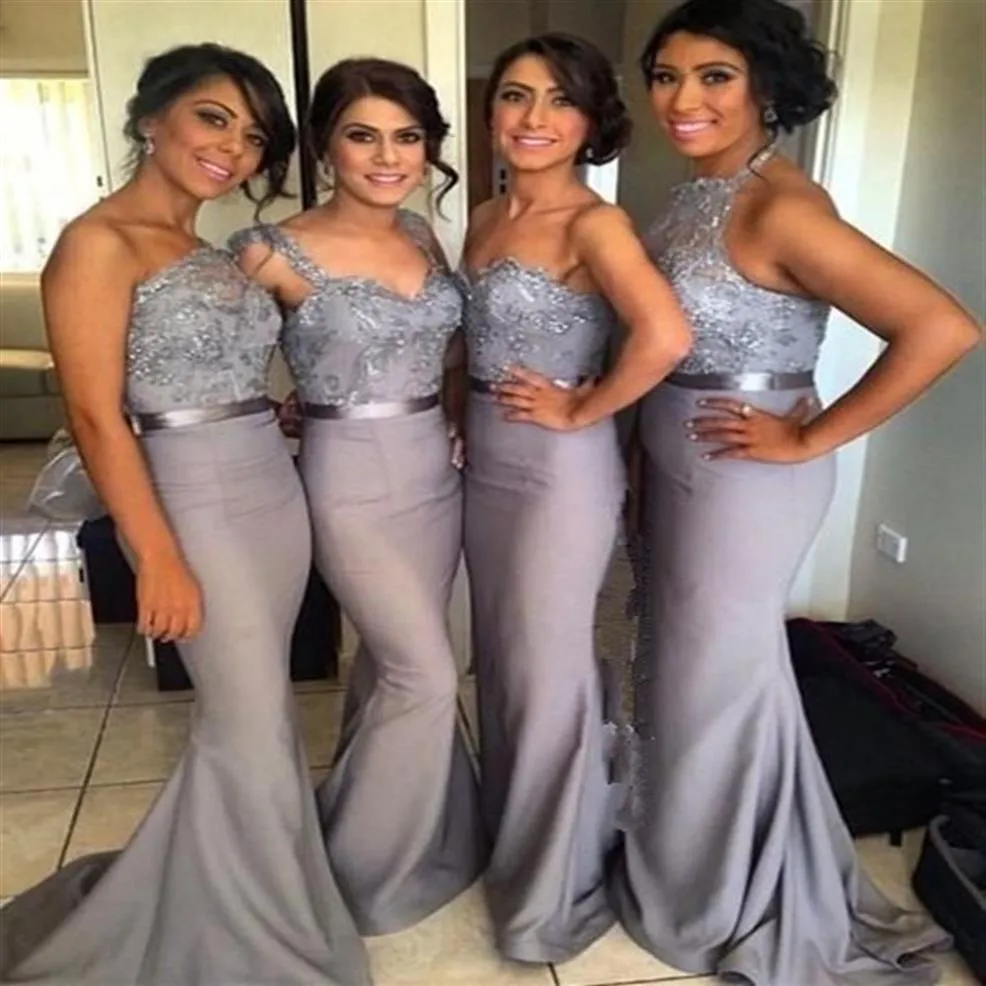 Gümüş Gri Denizkızı Uzun Nedime Elbiseleri Aplike Dantel Şeritli Tek Omuzlu Vestidos Lady Wear Düğün Resmi Parti Gowns 2267F