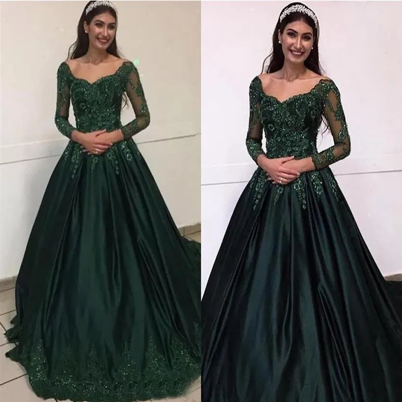 2022 Dark Green Long Sleeve Prom Dresses Quinceanera A-Line Applique Pärled Satin Formella aftonklänningar Elegant Womens Special Occa332o