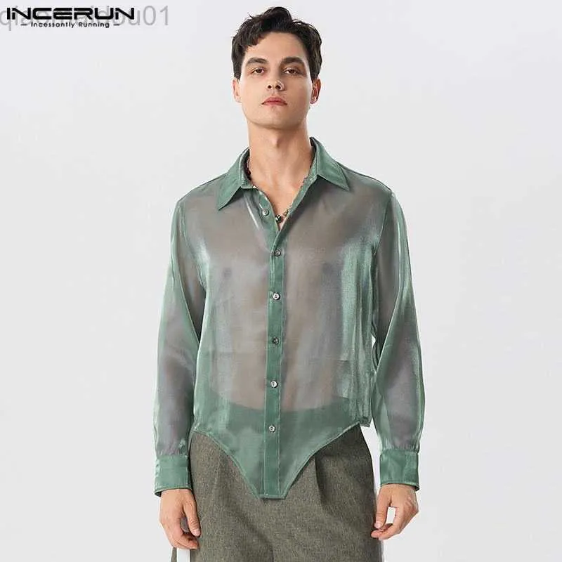 Camisas casuais masculinas 2023 moda masculina camisa irregular malha transparente brilhante lapela camisas de manga comprida streetwear festa roupas masculinas S-5XL L230721