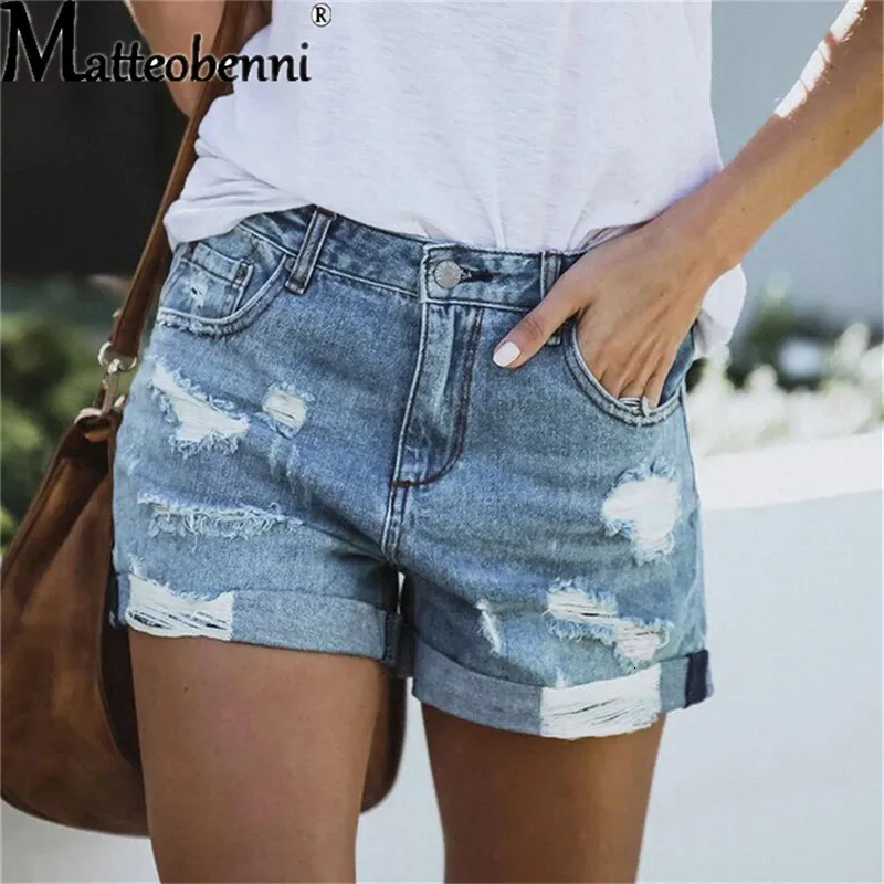 Damen-Shorts, Sommer-Denim, lässige Mode, lockere Loch-Jeans mit Taschen, Street Booty 230720