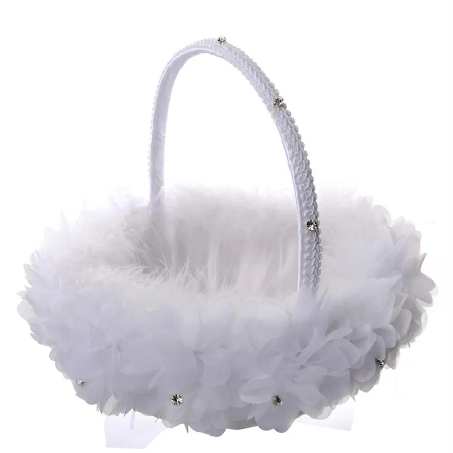 White Ostrich Feather Flower Girl Basket Elegant Spets Rhinestone Bridal Flower Basket Wedding Favors Wedding Accessories2392