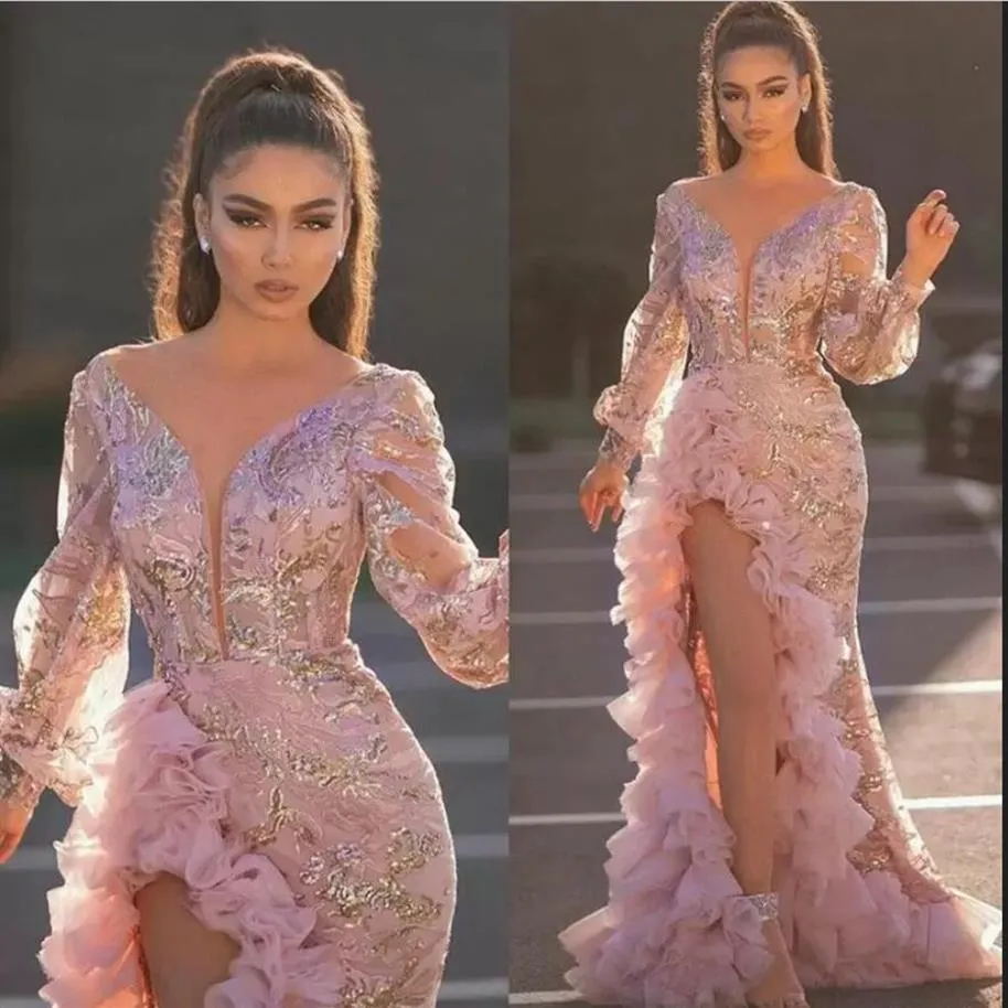 Pink Evening Dresses Long Sleeves Illusion Sparking Sequins Ruffles High Side Split Floor Length Party Dress Prom Gowns Open Back 2656