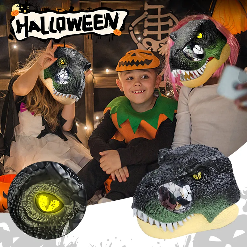 Máscara de dinosaurio Ojos brillantes Boca móvil Dino Máscaras con sonidos Fiesta de terror de Halloween Cosplay Disfraz Animal Juego de rol Sombrero