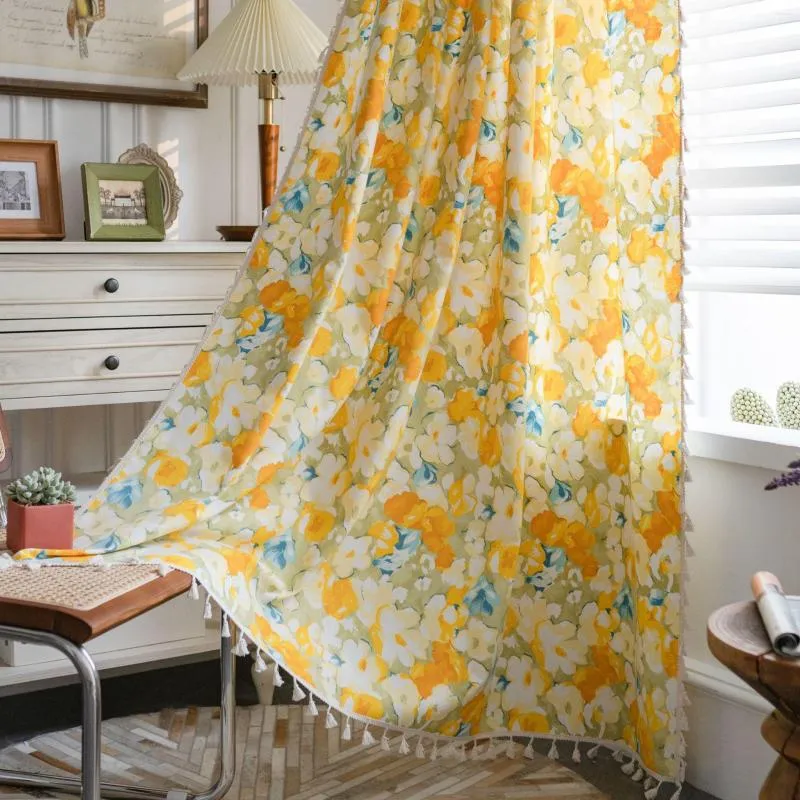 Curtain Rural Floral Yellow Printed Cotton Linen Fabric Semi-Blackout - Kitchen Living Room Bedroom