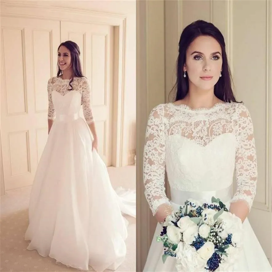 3 4 Long Sleeve Lace Top Dresses Vresses Jewel Neck Fancy Tulle 2020 New Simple Design A Line Bridal Dons