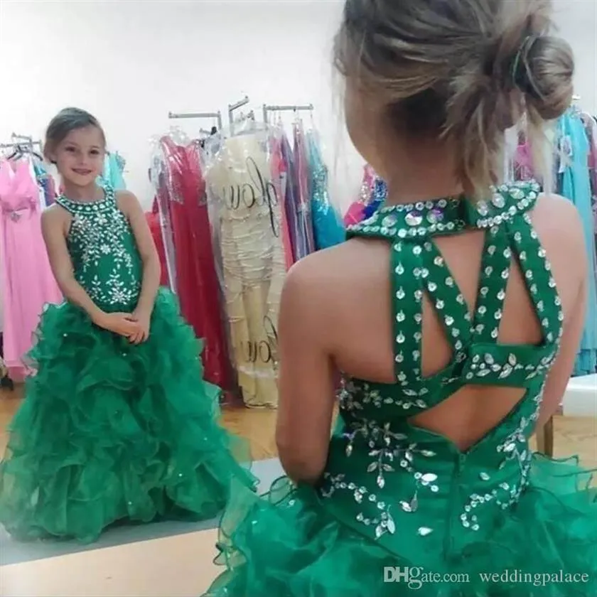 Yeşil Kızlar Pageant Elbiseleri Gençler Balyosu Organza Boncuklu Çiçek Kızlar Küçük Prenses Kız Elbiseleri2547