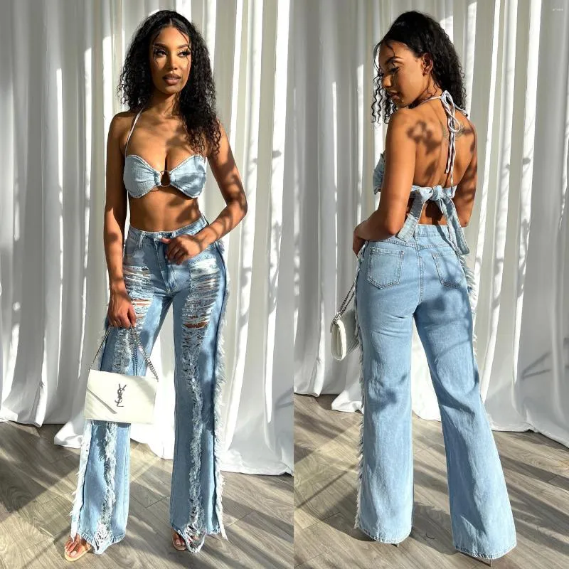 Summer Denim Pant Set - Womens Sexy Lace Up Bra Top & High