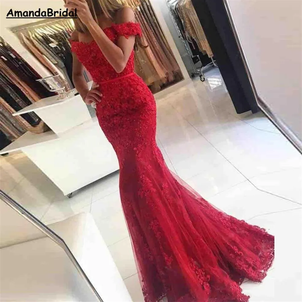 Red Long Prom Dresses Mermaid Off The Shoulder Beaded Lace Backless Appliques Formal Party Gown Evening Dresses Plus Special Occas231w