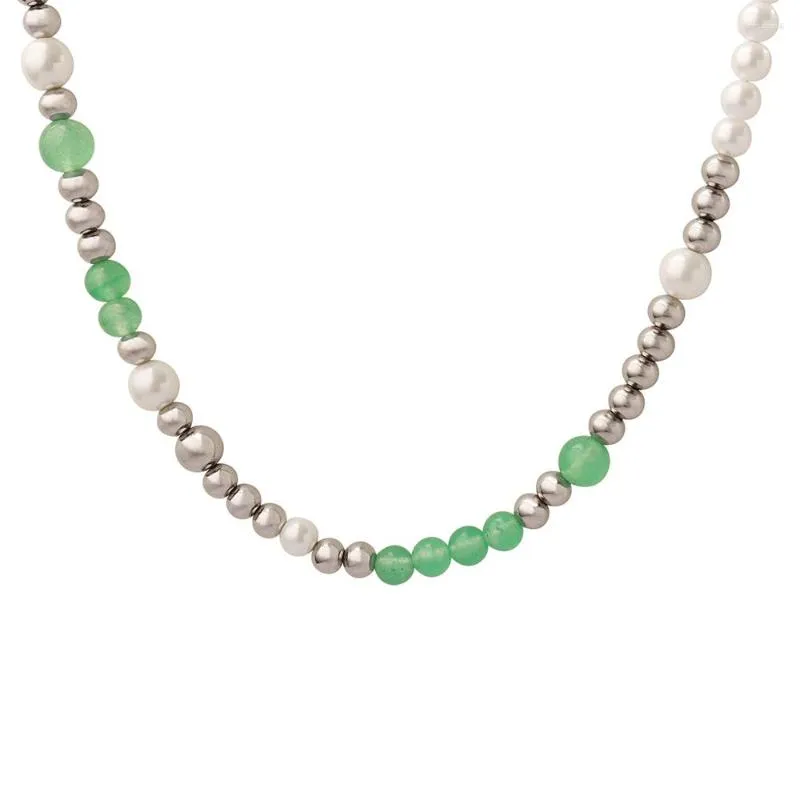 Choker Green Jade Beads Halsband Imitation Pearl Neck Chain for Women Etnic Style Rostfritt stål Girl Party Jewelry