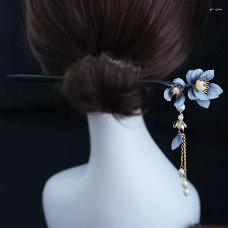 Hair Clips Luxury Wooden Stick Blue Flower For Women Daily Wear