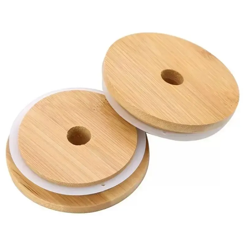 Bamboo Cap Lids 70mm 88mm Reusable Bamboo Mason Jar Lids with Straw Hole and Silicone Seal FY5015 F0413