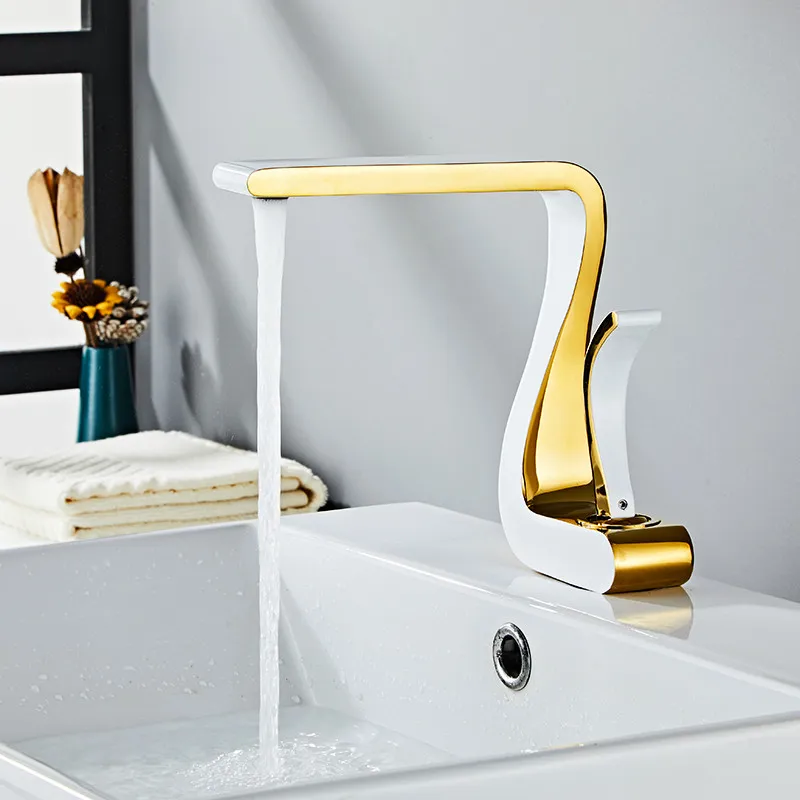 Rubinetto per lavabo Rubinetto per bagno in oro e bianco Miscelatore Rubinetto per lavabo in ottone dorato Rubinetto per lavabo caldo e freddo New Modern