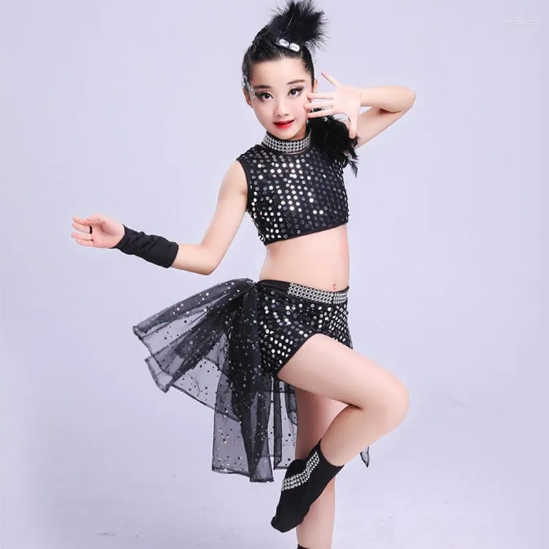 Ropa de gimnasia Chica Conjunto de baile de jazz para niñas Disfraces Chico Hip Hop Baile Niño Lentejuelas Puesta en escena Negro