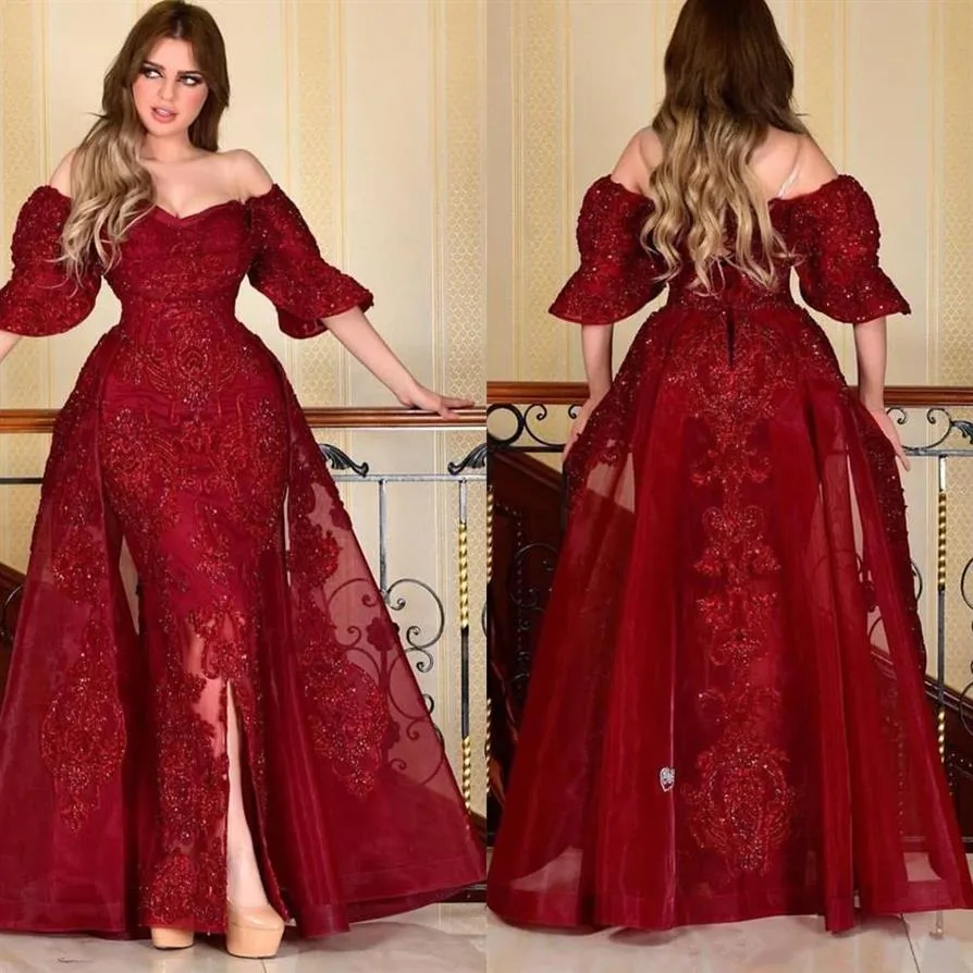 Dark Red Prom Dresses Arabic Off the Shoulder 1 2 Half Sleeves Lace Applique Crystals with Overskirt Evening Ball Gown Party Forma299o