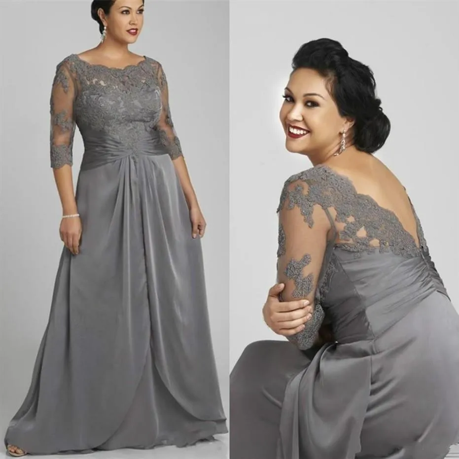 2020 Plus Size Grau Mutter der Braut Bräutigam Kleid Halbarm U-Ausschnitt Spitze Chiffon bodenlang formelle Abendkleider Custom M289p