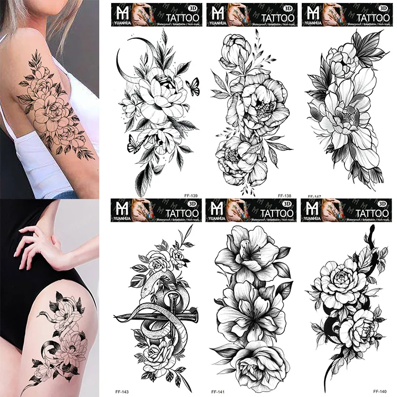Sexig svart blomma tillfälliga tatueringar för kvinnor lår män arm ärm ärm rose blomma realistiska falska 3d tatoos underarm tatuering klistermärken