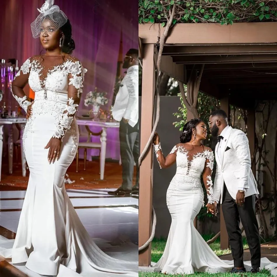 Fashion Pearls African Mermaid Wedding Dress 2022 Long Illusion Sleeves Floral Flowers Satin Black Girls Plus size Women hollow Ba340d