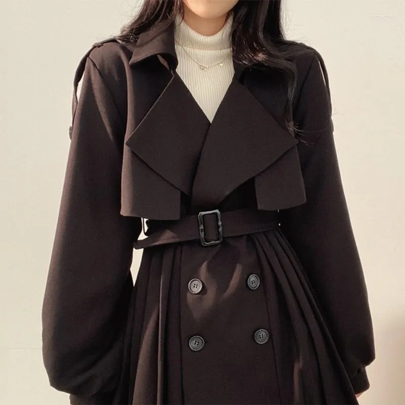 Trench da donna coreano chic bavero nero doppio petto con lacci in vita manica a lanterna giacca a vento pieghettata moda femminile 2023