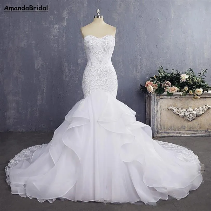 Amandabridal robe de mariée Sexy sirène robes de mariée Vintage dentelle robe de mariée 2022 avec bretelles détachables pli Layer225C