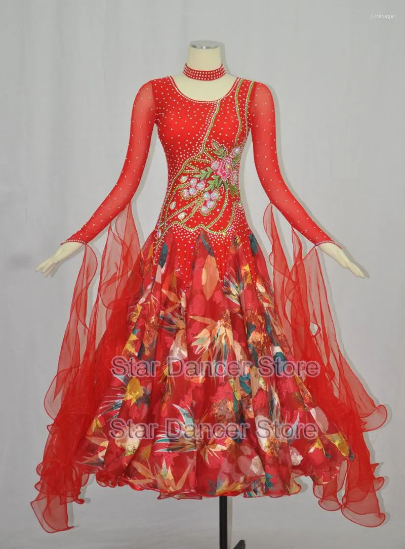 Stage Wear Red Ballroom Competition Dance Dresses Women Long Sleeve Standard Skirt Adult Custom Made Waltz Dancing Dress