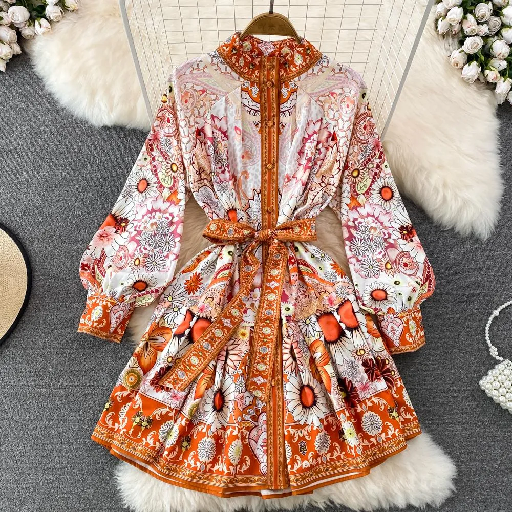 Orange Floral Print Pleated Dress for Women - Runway Style with Stand Collar, lantern Design, Long Sleeves, Lace-Up Closure, and High Waist - Slim Fit