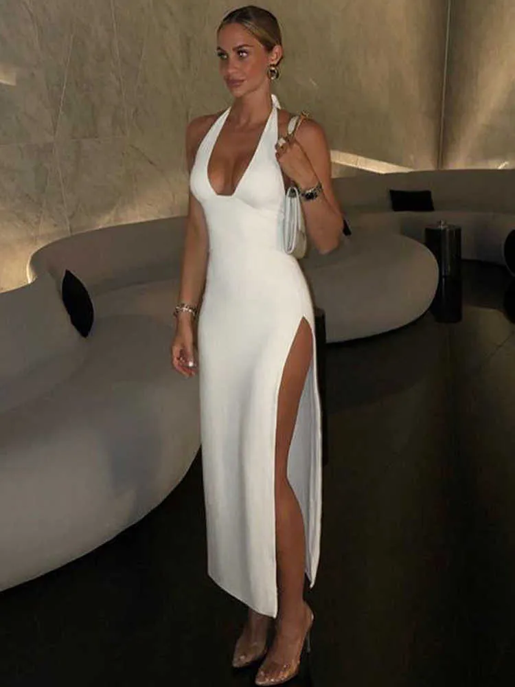 Nouveau blanc licou dos nu moulante fente bal Maxi robe femmes été élégant fête d'anniversaire soirée dames serré longues robes