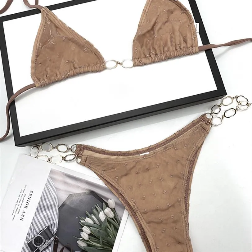 Intimo tessile sexy in rete di pizzo per le donne Bikini a catena con lettere vuote Vacanza al mare Bikini per prendere il sole Fasciatura senza schienale Solido Col223w