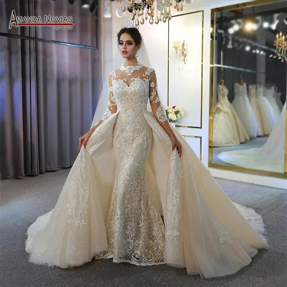 2022 Abiti da sposa a sirena a maniche lunghe di lusso con strascico staccabile Vintage Collo alto Plus Size Abito da sposa musulmano Immagine reale195K